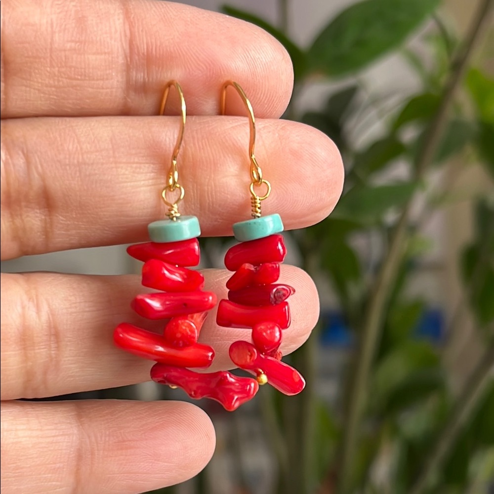 Red and Gold Artisanal Earrings with Spiral Design